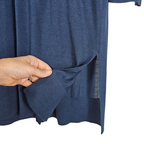 Halogen Merino Wool Blend Long Ribbed Cardigan L Teal Pockets Side Slits Relaxed - Picture 6 of 9